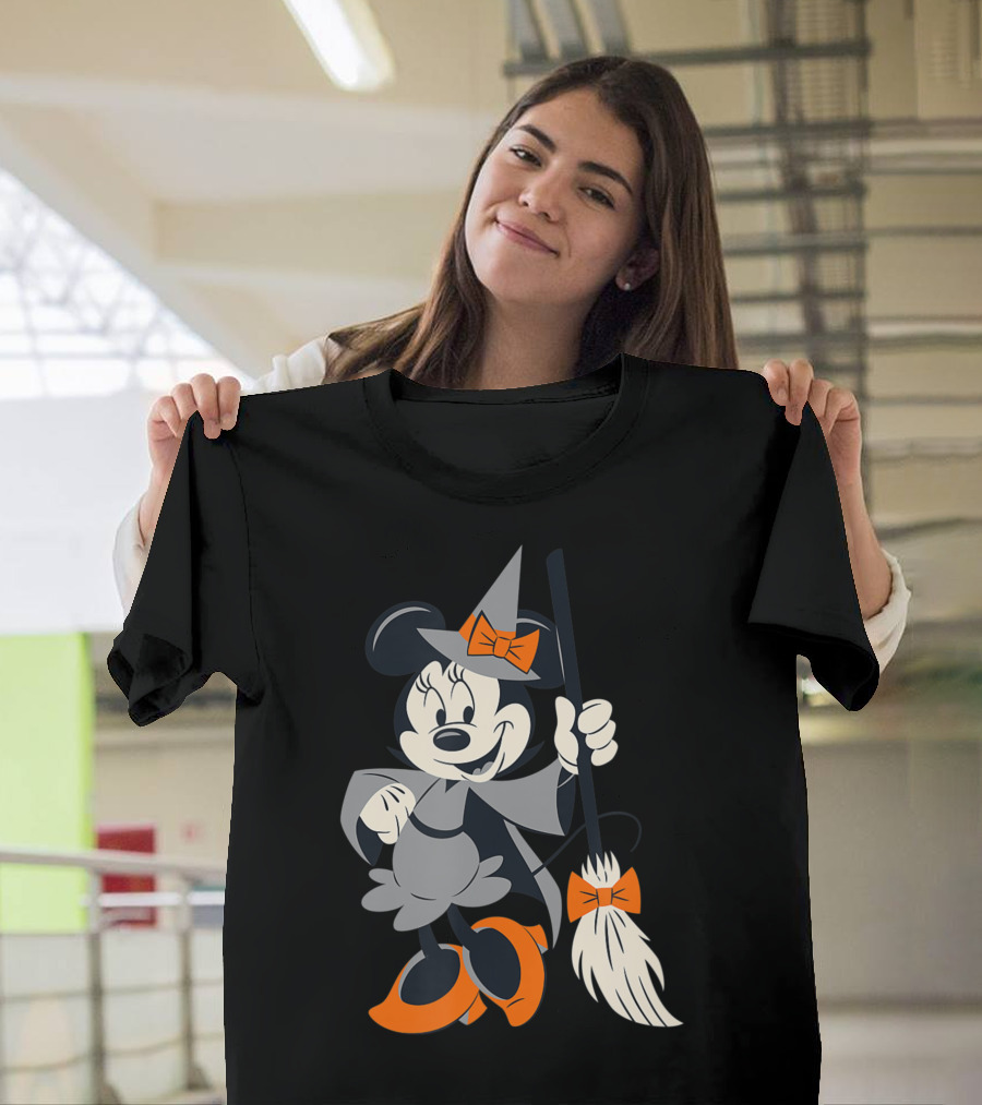 Disney Halloween Minnie Mouse Witch with Broom and Orange Accents T-Shirt