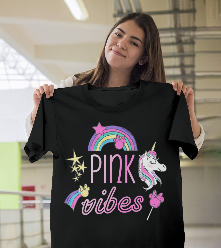 Disney Minnie Mouse Unicorn Pink Vibes Rainbow Stars T-Shirt