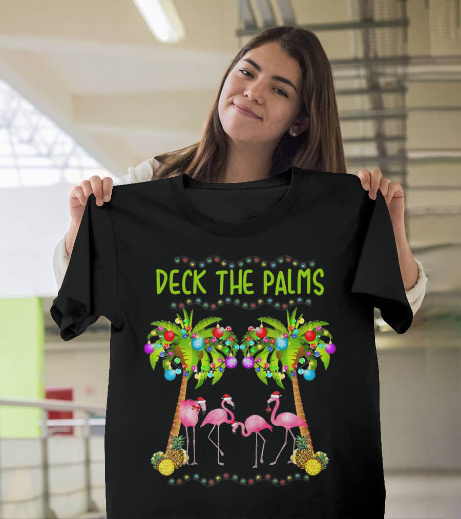 Deck The Palms Christmas Flamingos with Santa Hats and Tropical Trees T-Shirt
