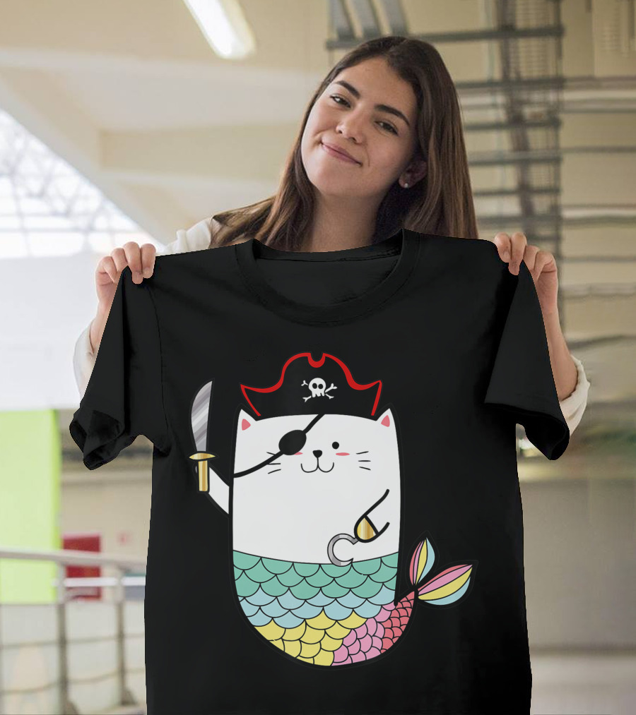 Halloween Cat Pirate Mermaid with Eyepatch and Hook Tail T-Shirt
