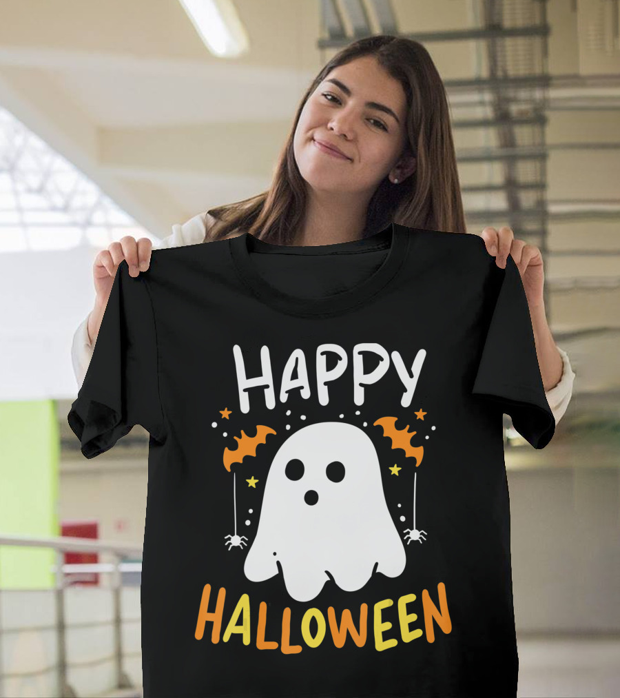Happy Halloween Ghost With Bat Decorations T-Shirt