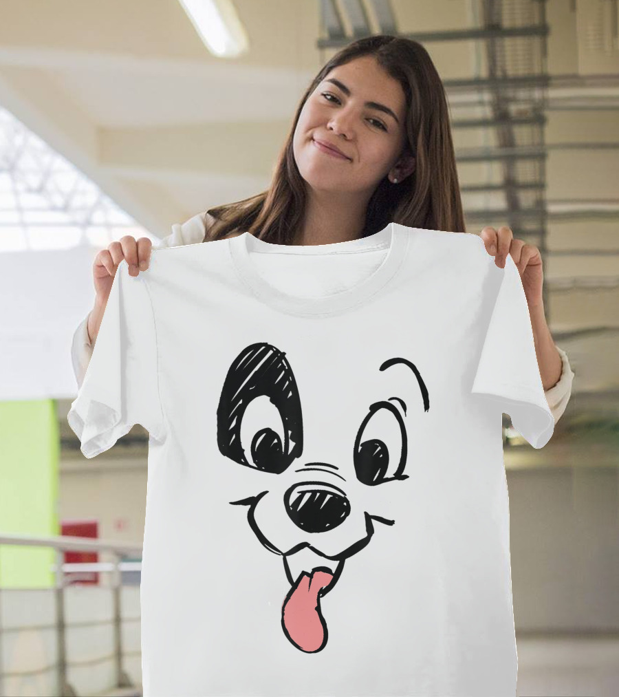 Disney 101 Dalmatians Big Face Puppy Tongue Out Black and Pink T-Shirt