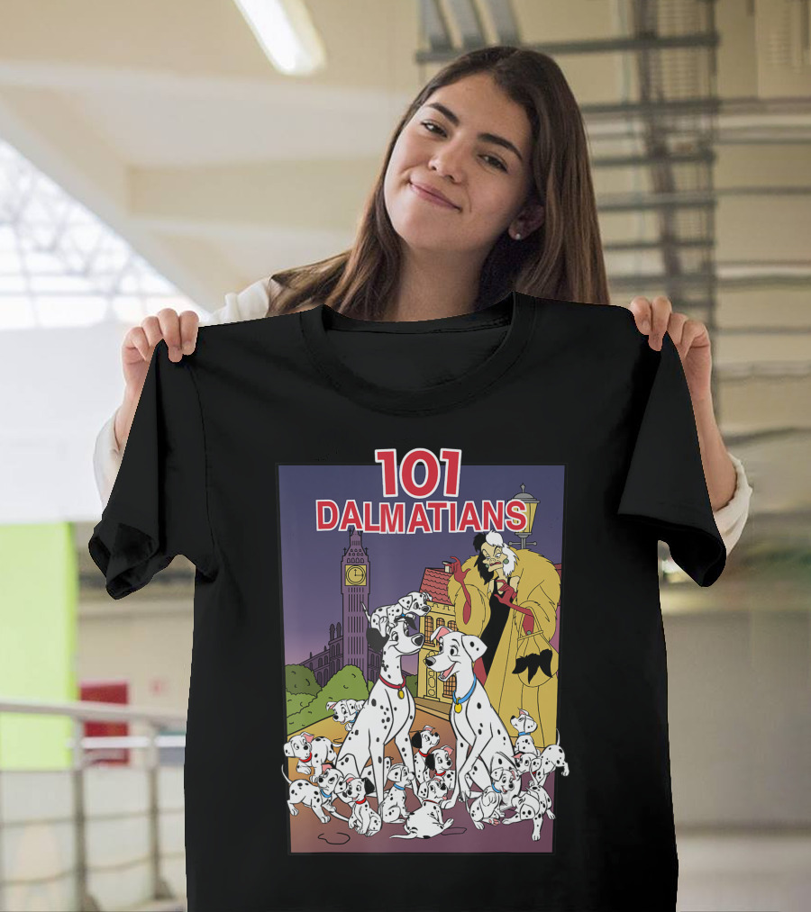 101 Dalmatians Group Shot Cruella London Backdrop Vhs Cover T-Shirt