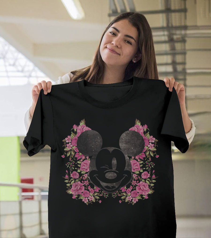 Disney Floral Pink Roses Mickey Winking Face T-Shirt