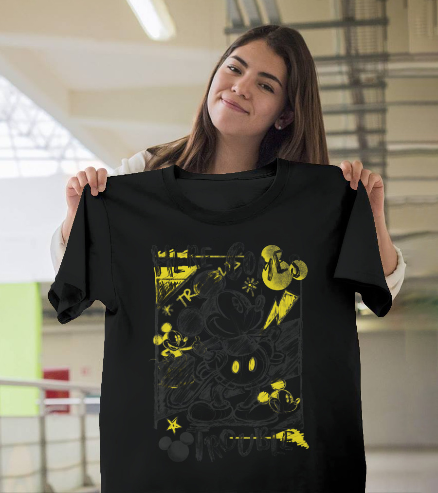 Disney Mickey Mouse Here Comes Trouble Bold Sketch Yellow Accents T-Shirt