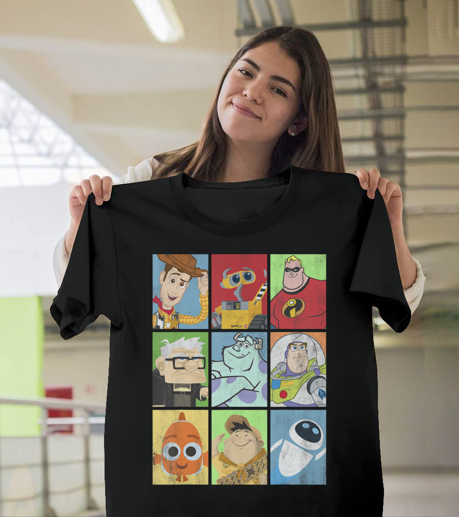 Disney Pixar Movie Icons Woody Wall-E Mr. Incredible Carl Sulley Buzz Nemo Russell Eve T-Shirt