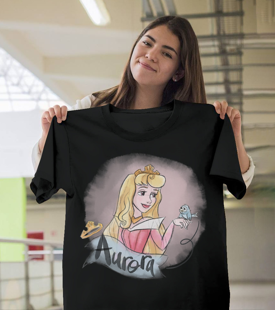 Princess Aurora in Pink Dress with Crown and Bluebird T-Shirt