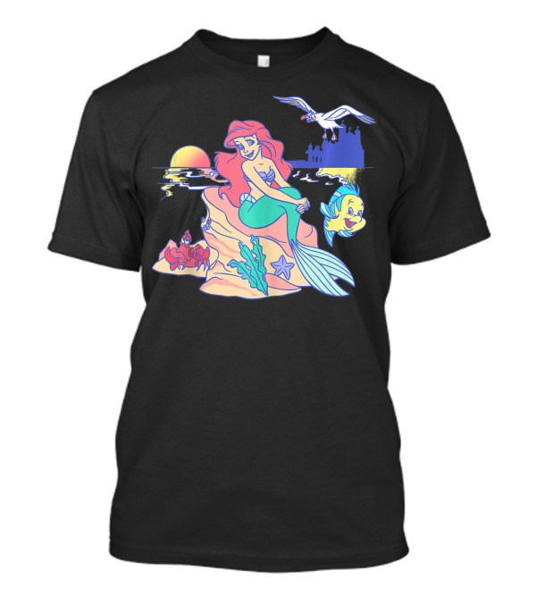 Disney The Little Mermaid Ariel Group Shot Sunset Scene With Flounder And Sebastian T-Shirt