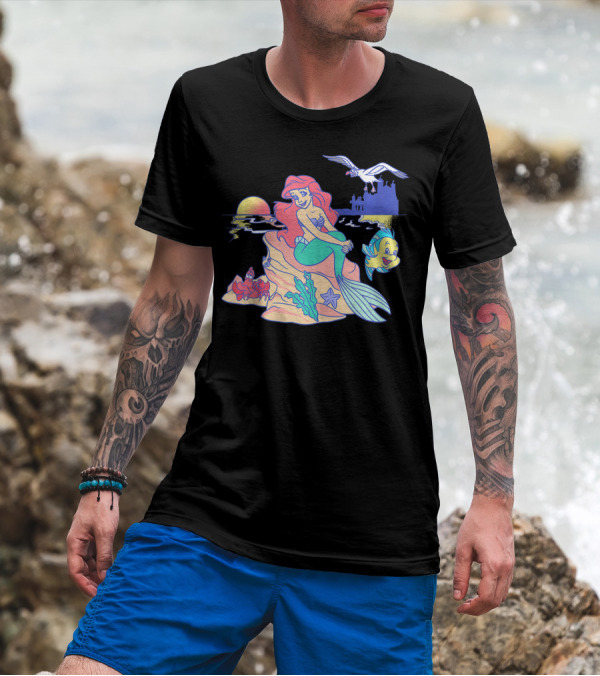 Disney The Little Mermaid Ariel Group Shot Sunset Scene With Flounder And Sebastian T-Shirt