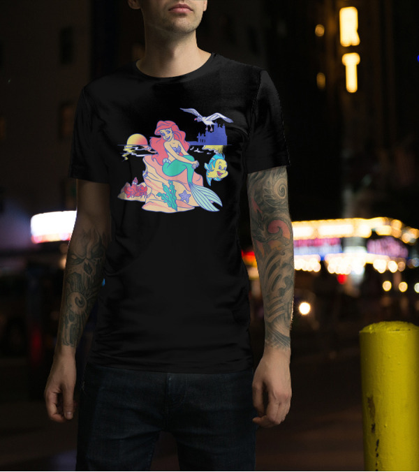 Disney The Little Mermaid Ariel Group Shot Sunset Scene With Flounder And Sebastian T-Shirt