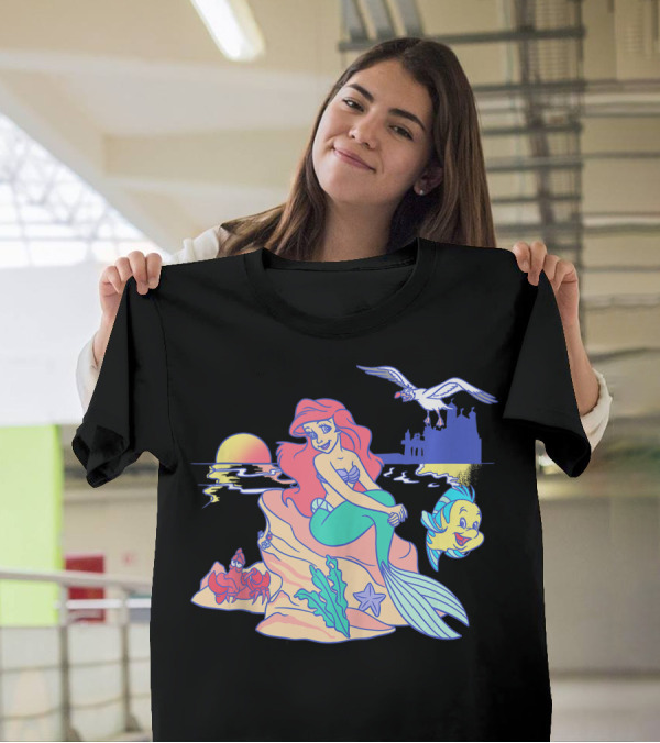 Disney The Little Mermaid Ariel Group Shot Sunset Scene With Flounder And Sebastian T-Shirt