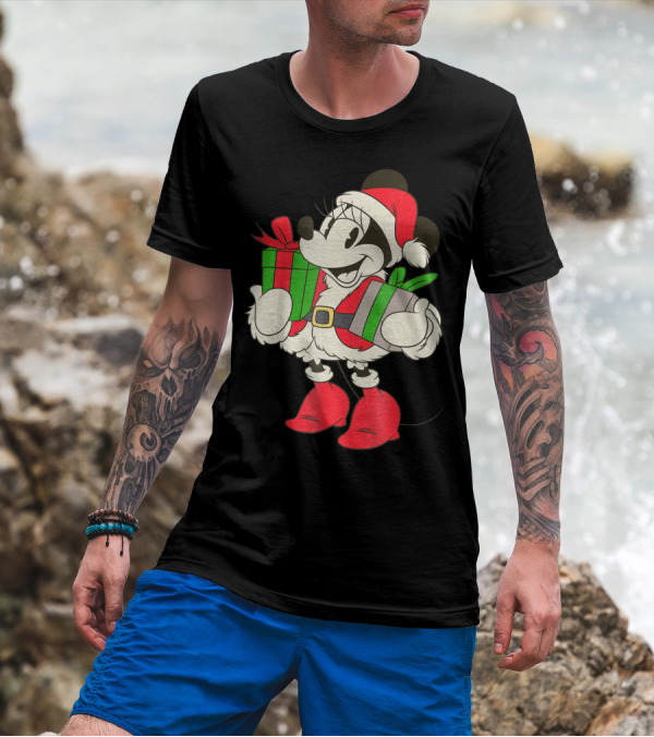 Disney Vintage Santa Minnie Mouse Holding Presents Holiday T-Shirt