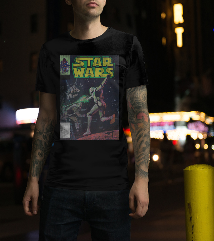 Star Wars Stormtrooper Vintage Comic Cover Battle Scene T-Shirt