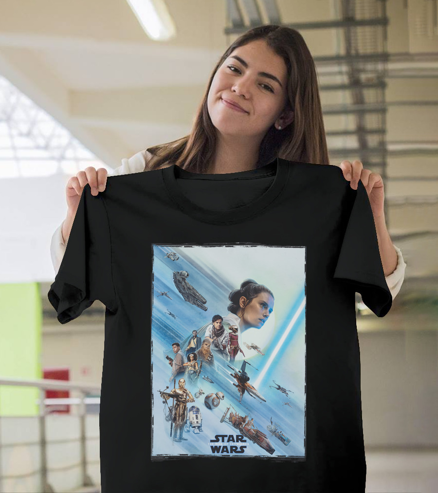 Star Wars The Rise Of Skywalker Rey Millennium Falcon X-Wing R2-D2 Finn Poe Chewbacca C-3PO Characters T-Shirt