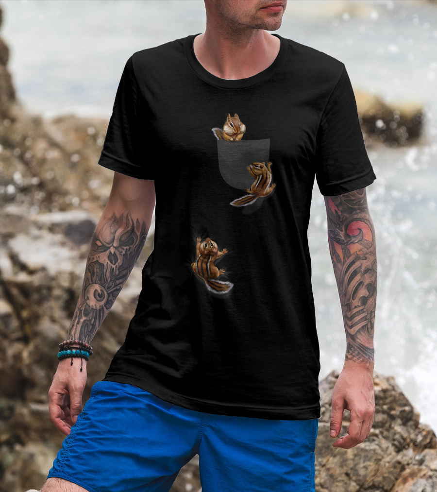T Cute Squirrel Climbing Playing In Pocket Chipmunk T-Shirt