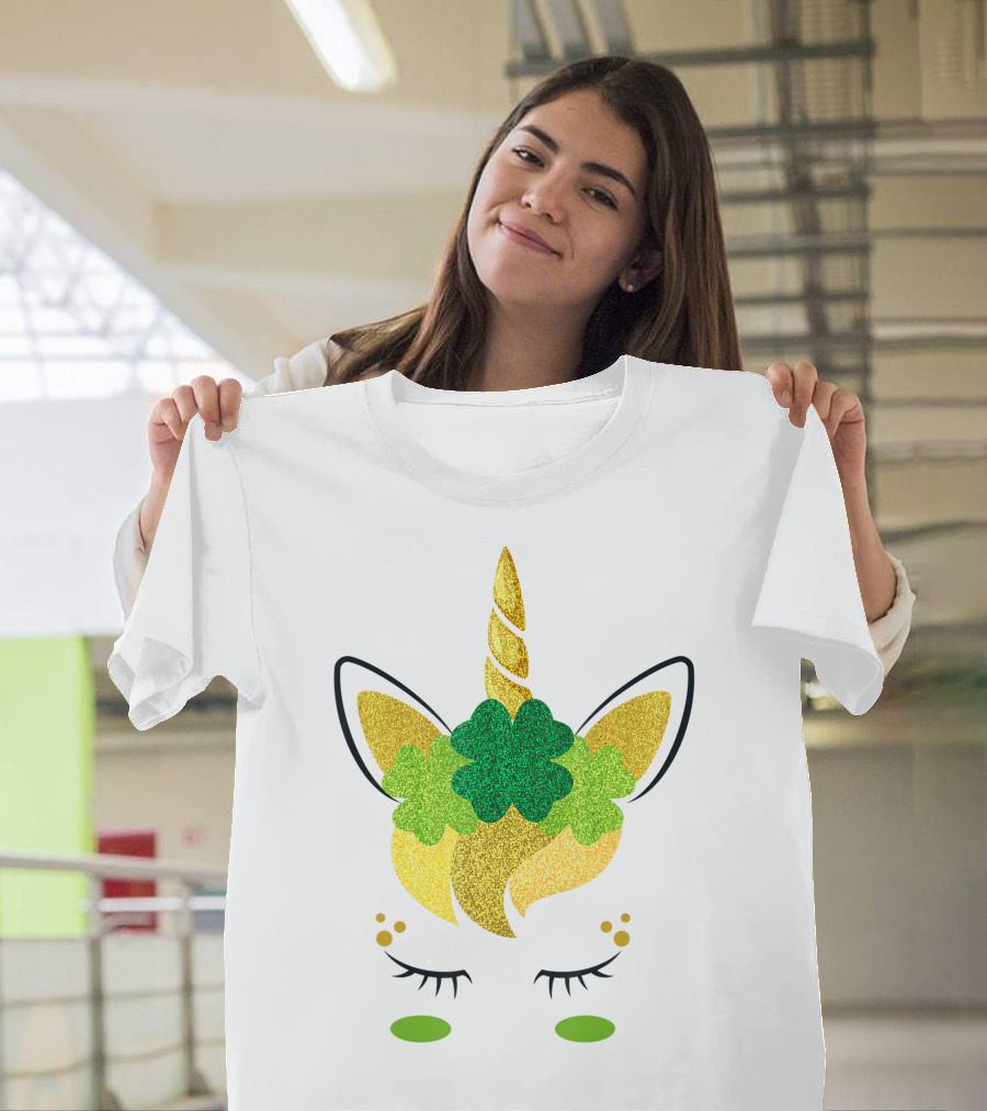 Unicorn Face St Patricks Day Irish Girls Glitter Shamrock Ears T-Shirt