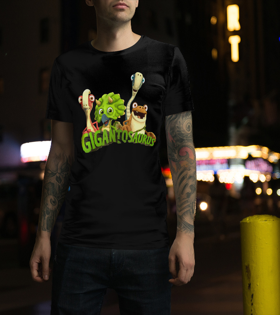 Gigantosaurus With Four Smiling Cartoon Dinosaurs T-Shirt