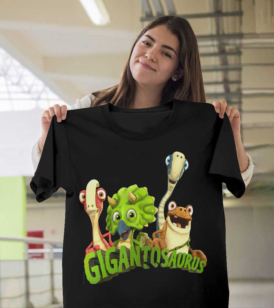 Gigantosaurus With Four Smiling Cartoon Dinosaurs T-Shirt