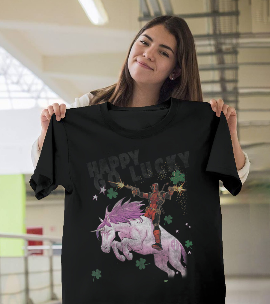 Deadpool Riding Unicorn Happy Go Lucky Clover Marvel T-Shirt