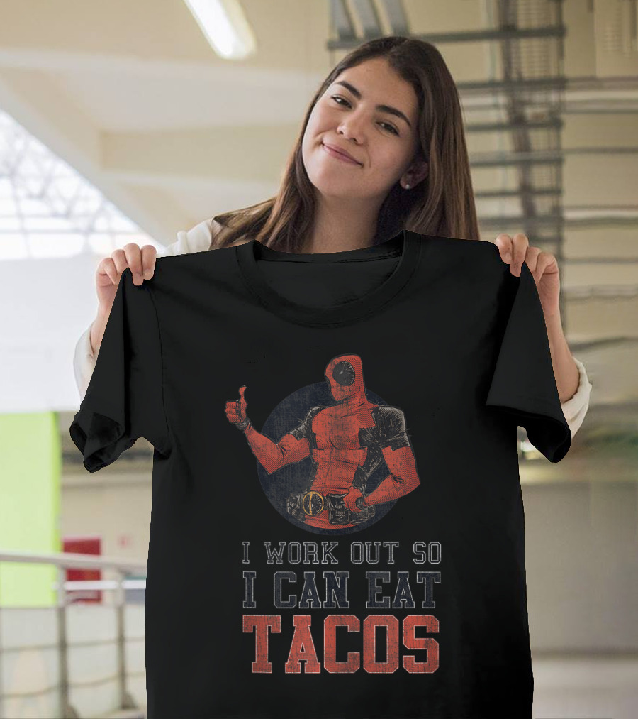 Marvel Deadpool I Work Out So I Can Eat Tacos Thumbs Up T-Shirt