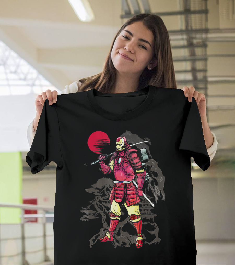 Marvel Iron Man Samurai with Sword in Front of Mountain and Red Sunset T-Shirt