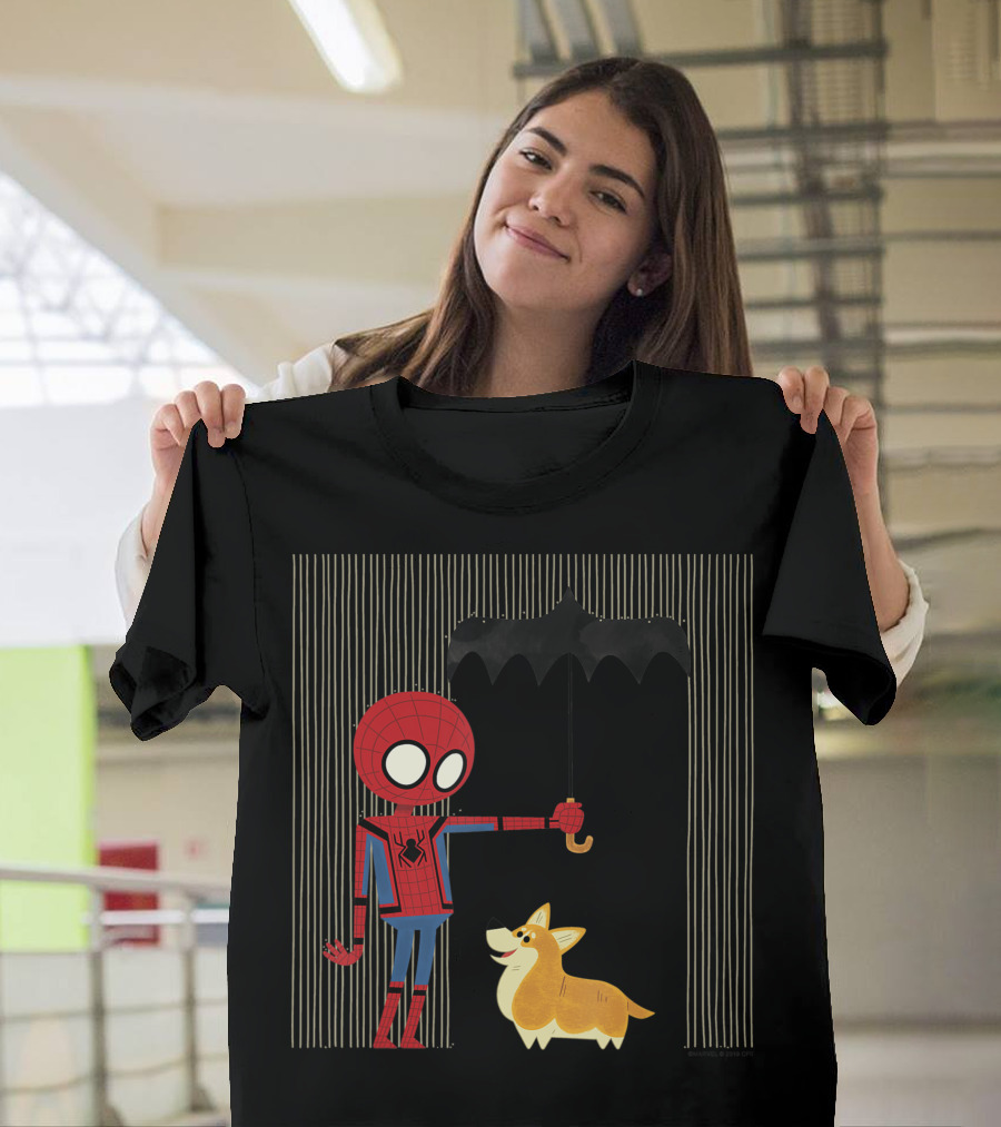 Marvel Spider Man Far From Home Holding Umbrella Over Corgi In The Rain T-Shirt