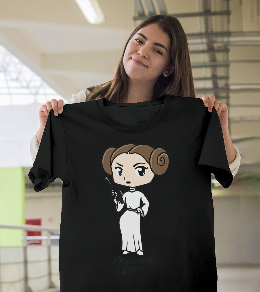 Star Wars Princess Leia Cute Cartoon Character with Blaster and Brown Hair Buns T-Shirt
