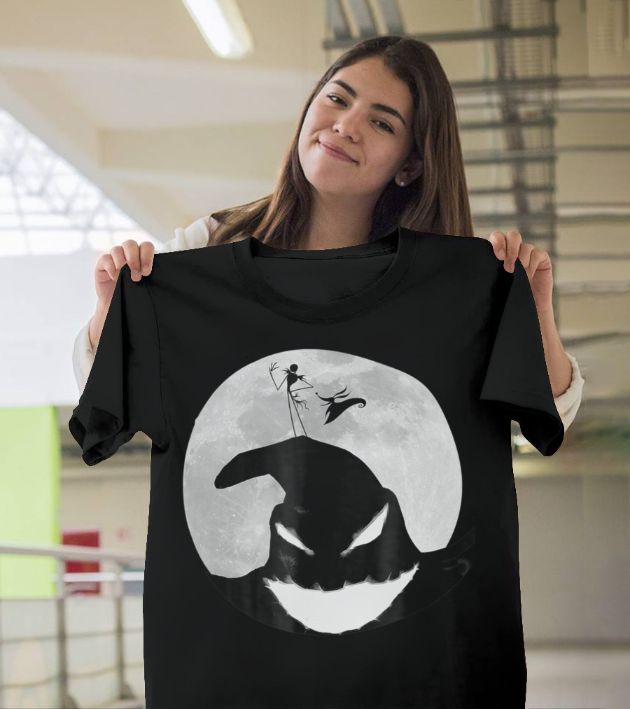 Disney Nightmare Before Christmas Oogie Boogie and Jack Skellington Silhouette Against Full Moon T-Shirt