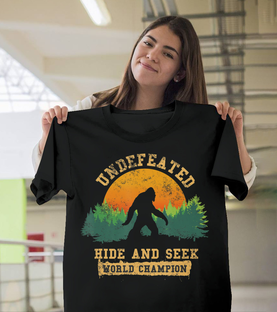 Hide And Seek World Champion Undefeated Bigfoot Retro Forest Sunset T-Shirt
