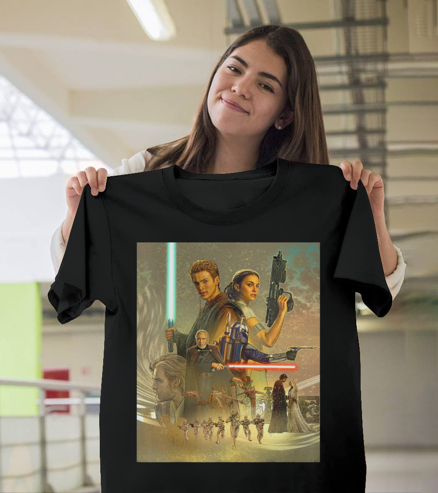 Star Wars Celebration Mural Attack Of The Clones Anakin Padmé Jango Jedi Battle Clones T-Shirt