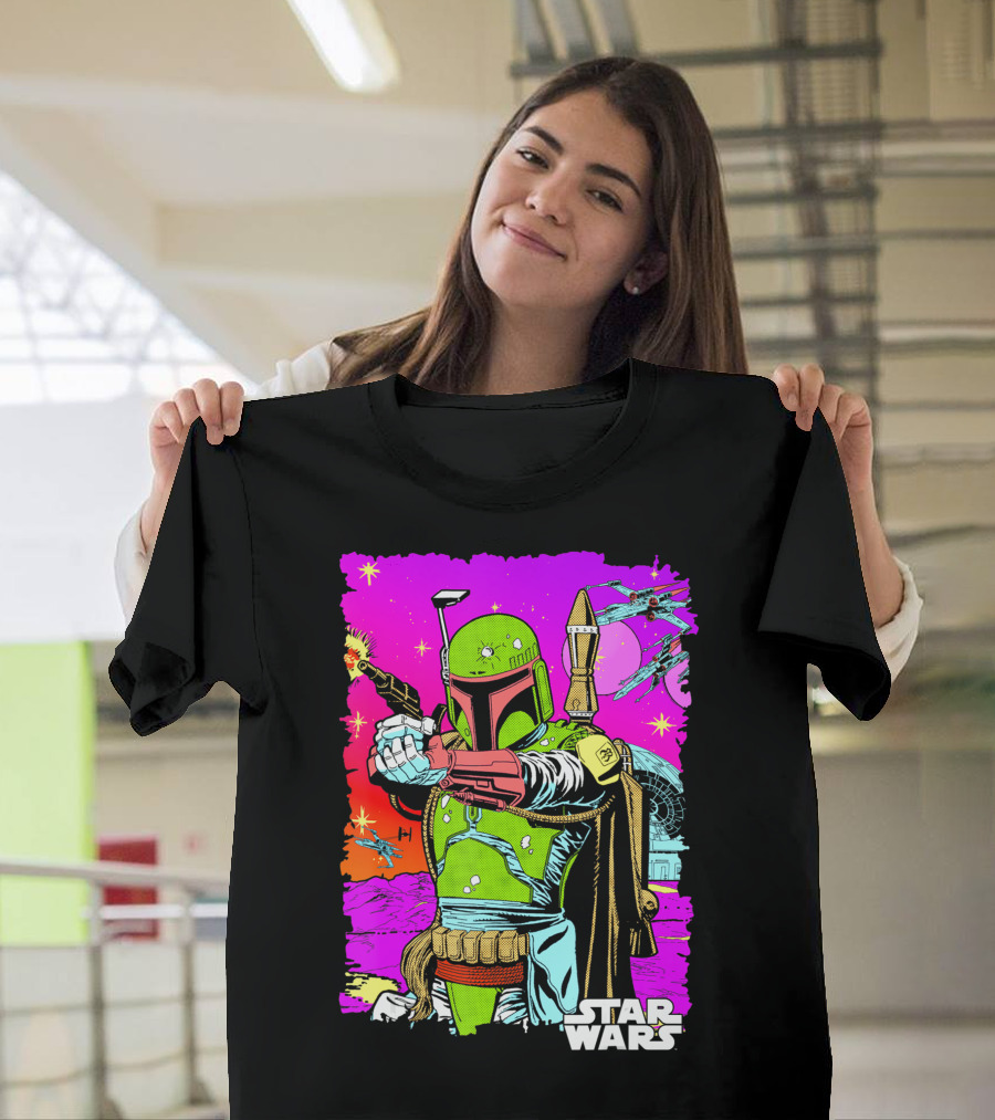Star Wars Boba Fett Neon Comic Cutout Spaceships and Planets T-Shirt