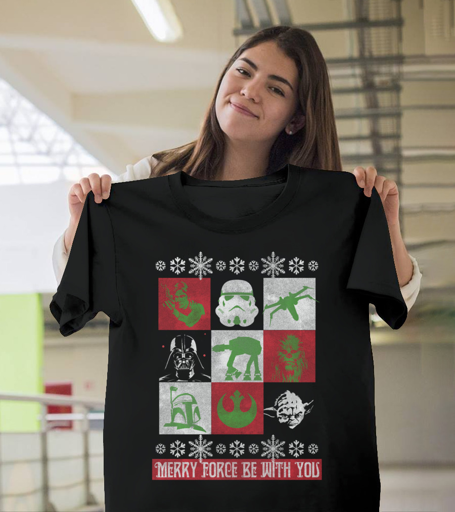 Merry Force Be With You Star Wars Christmas Yoda Vader Chewbacca Stormtrooper Snowflakes T-Shirt