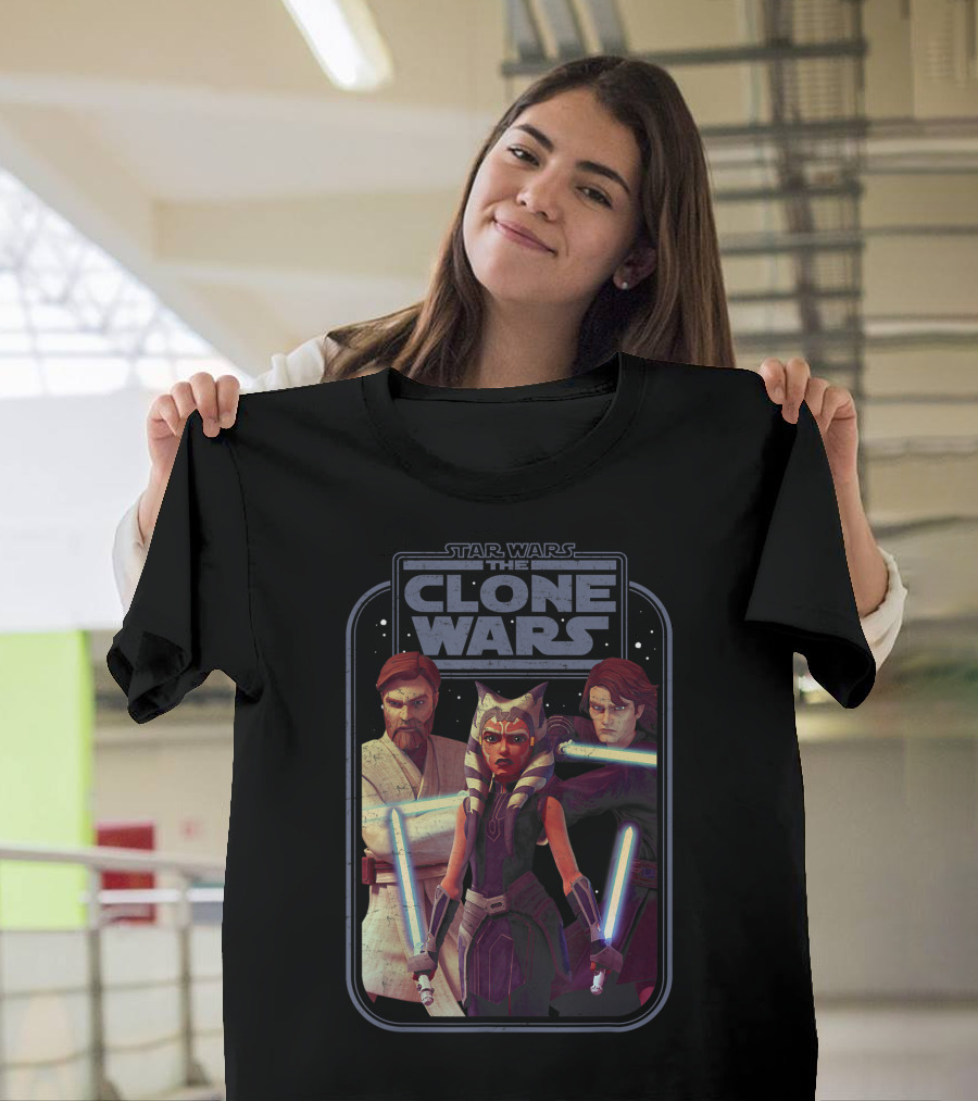 Star Wars The Clone Wars Obi-Wan Ahsoka Anakin Lightsaber Group Shot T-Shirt