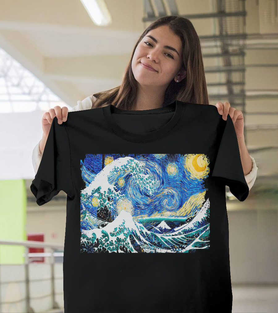 Starry Night Great Wave Van Gogh Katsushika Hokusai Painting Fusion T-Shirt