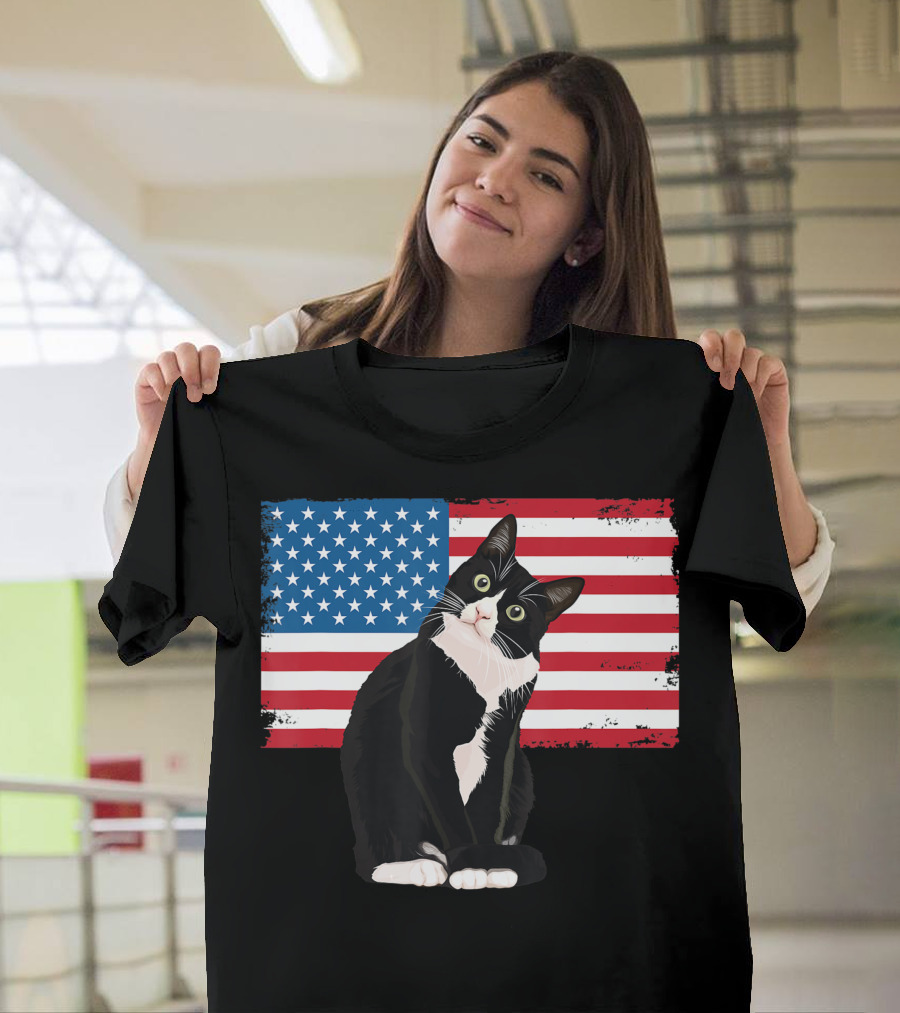 Tuxedo Cat 4th of July Patriotic Adults Kids American Flag T-Shirt