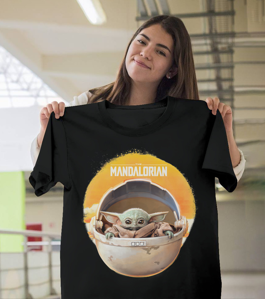 Star Wars The Mandalorian The Child Featuring Grogu in Hover Pod with Sunset Background T-Shirt
