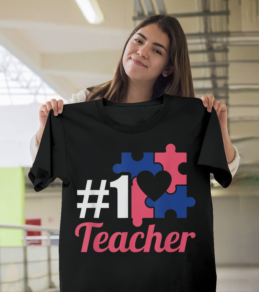 Support Autism Number One Teacher Puzzle Heart T-Shirt