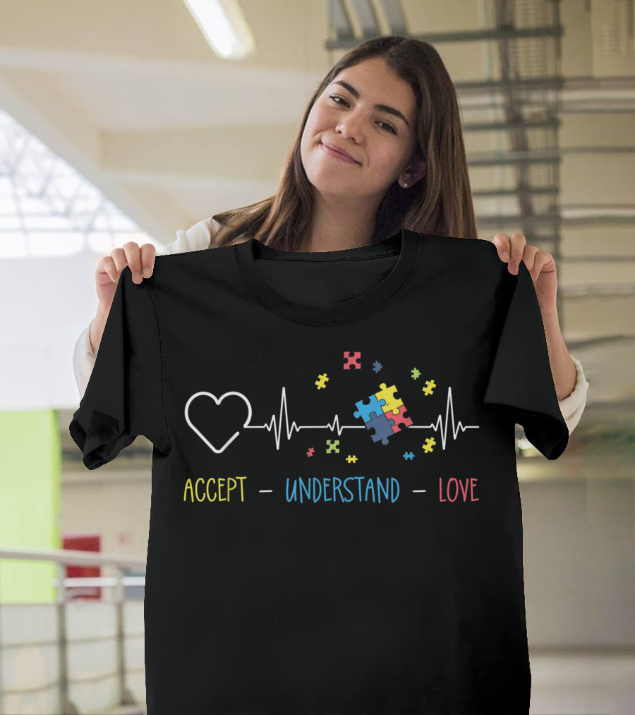 Accept Understand Love Autism Awareness Heartbeat Puzzle Pieces T-Shirt