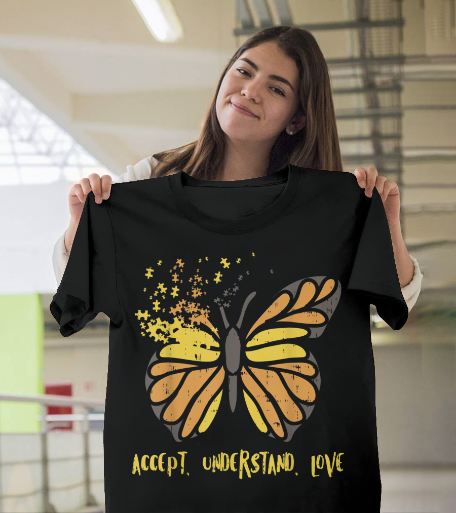Accept Understand Love Butterfly Autism Awareness Puzzle T-Shirt