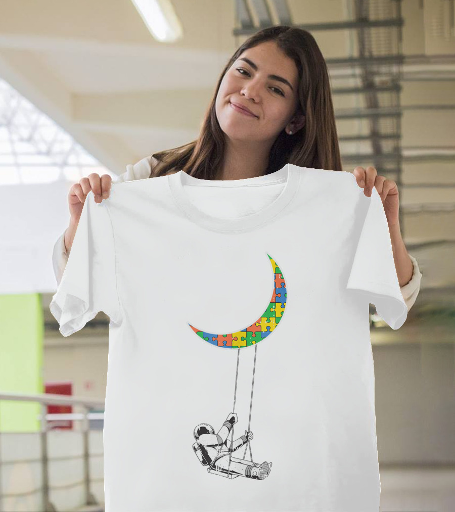 Astronaut Swinging on Puzzle Piece Moon Autism Awareness for Autistic Kids T-Shirt