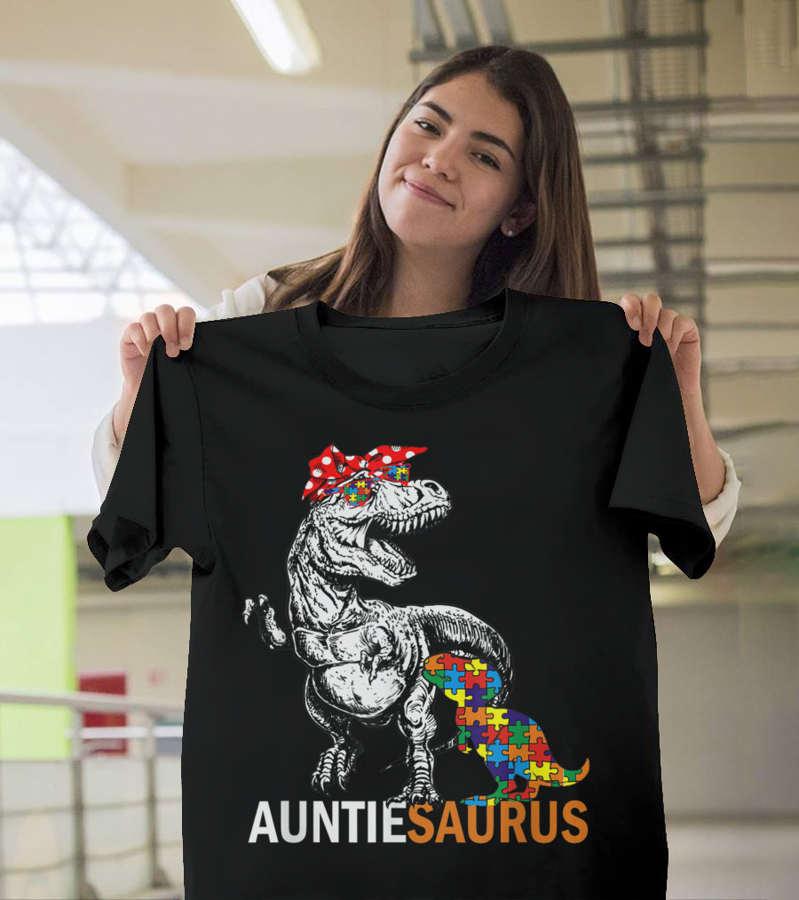 Auntie Saurus Dinosaur with Puzzle Pieces and Red Bow Autism Awareness T-Shirt