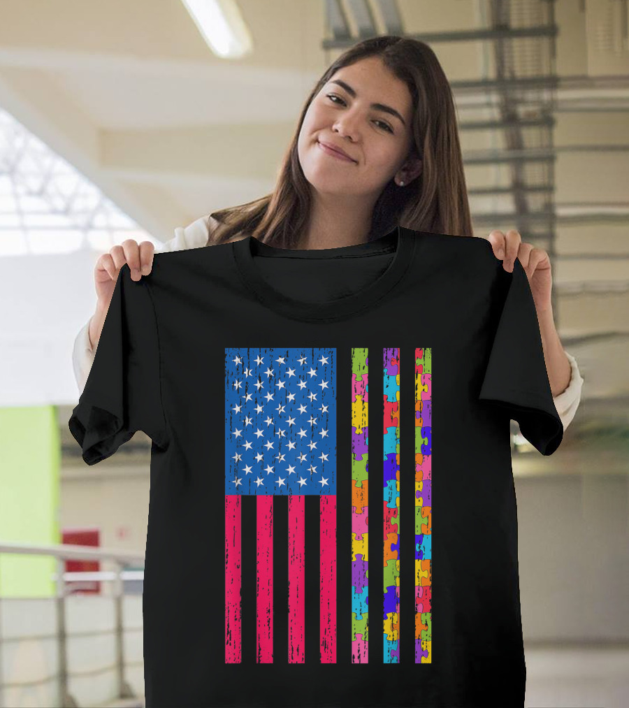 Autism American Flag Distressed Puzzle Pattern for Autism Awareness T-Shirt
