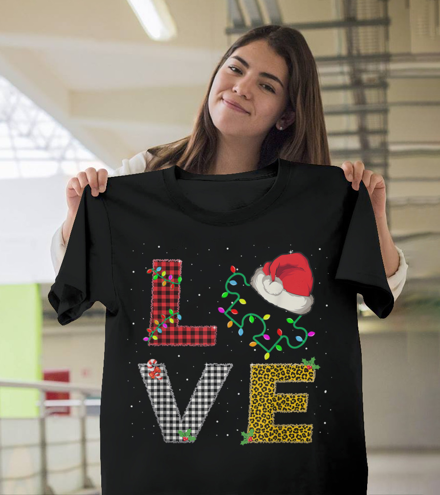 Love Autism Awareness Christmas Red Plaid Leopard Santa Hat Lights T-Shirt