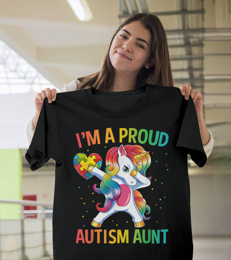 I'm a Proud Autism Aunt Dabbing Unicorn with Puzzle Heart T-Shirt