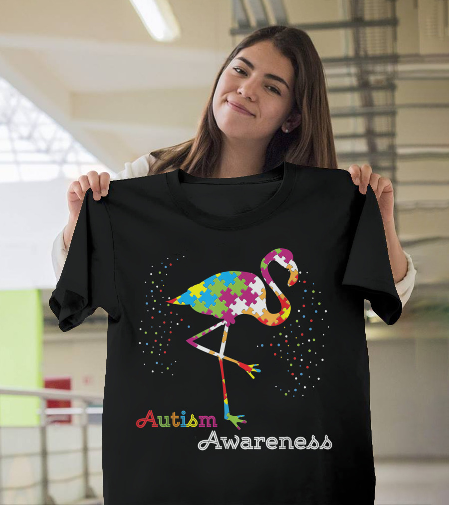Autism Awareness Flamingo with Rainbow Puzzle T-Shirt