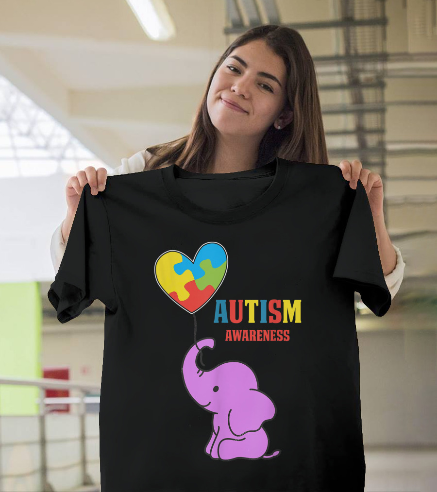 Autism Awareness Elephant with Colorful Puzzle Heart Balloon T-Shirt