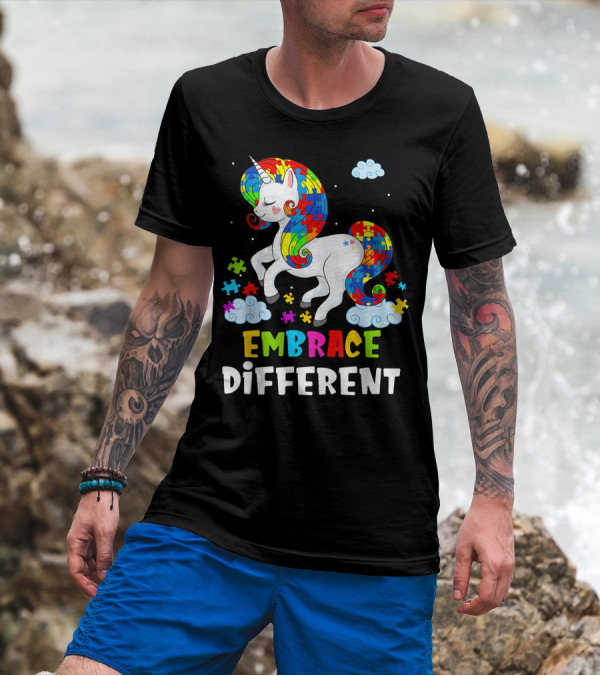 Autism Awareness Embrace Different Unicorn Puzzle Rainbow Clouds T-Shirt