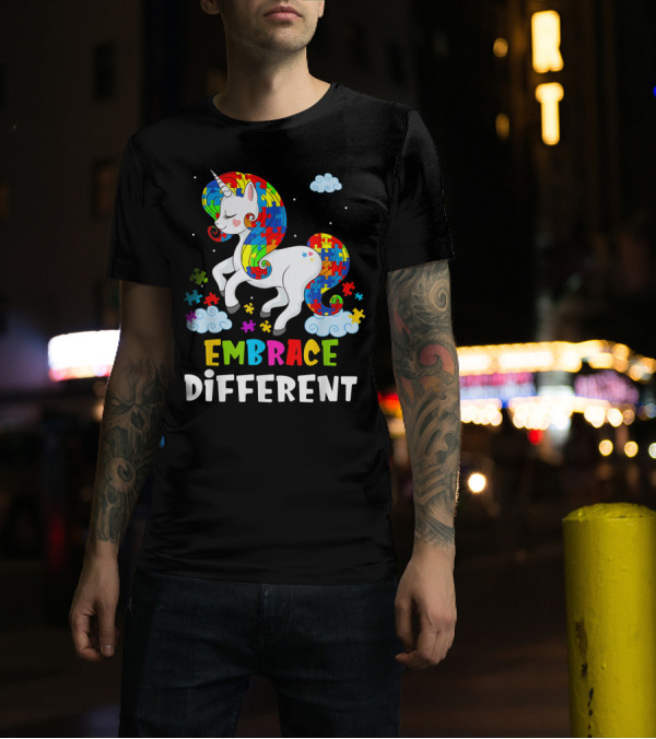 Autism Awareness Embrace Different Unicorn Puzzle Rainbow Clouds T-Shirt