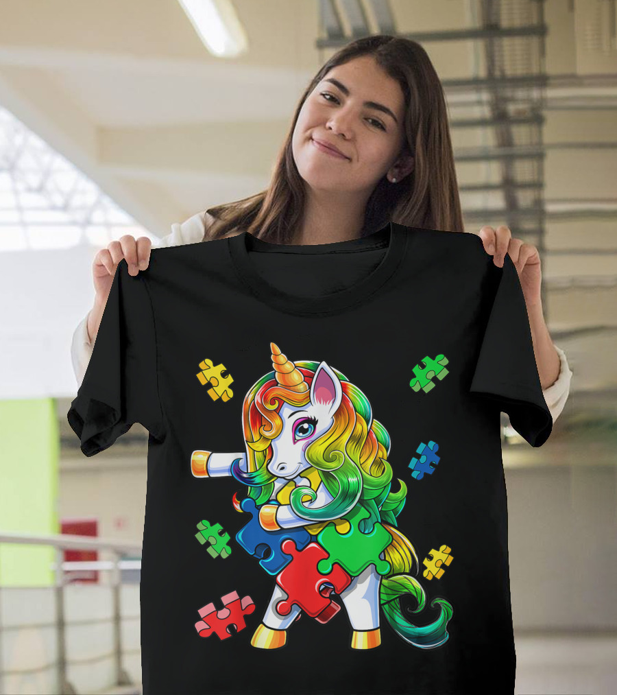 Autism Awareness Dancing Unicorn with Colorful Puzzle Pieces T-Shirt