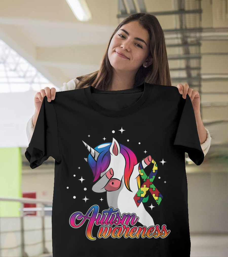 Autism Awareness Cute Dabbing Unicorn with Puzzle T-Shirt